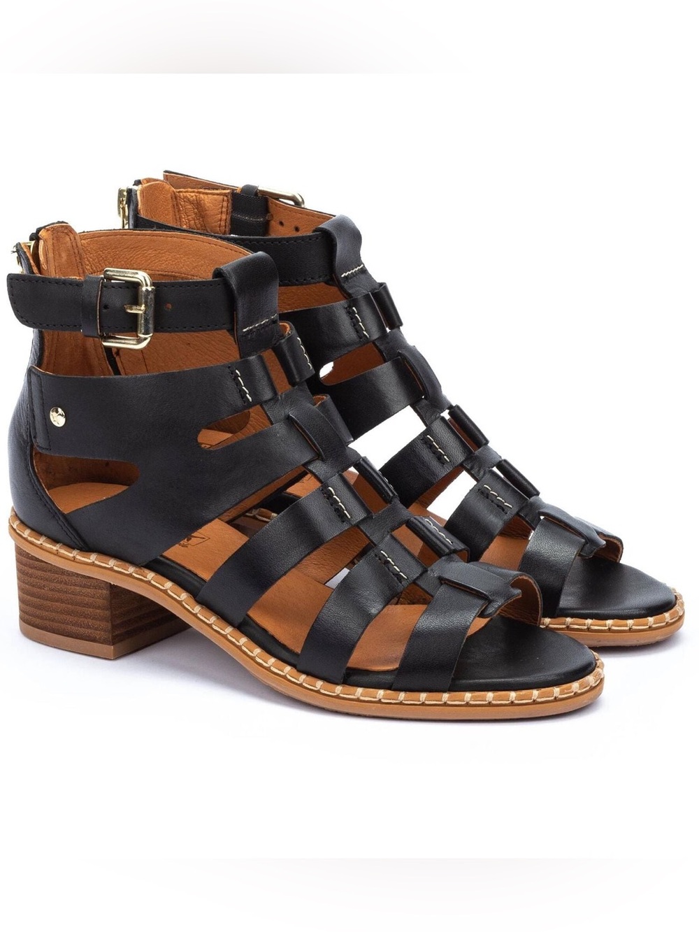 PIKOLINOS Black Blanes heeled block sandals with zipper